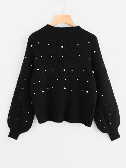 Pearl Embellished Exaggerated Bishop Sleeve Ribbed Sweater