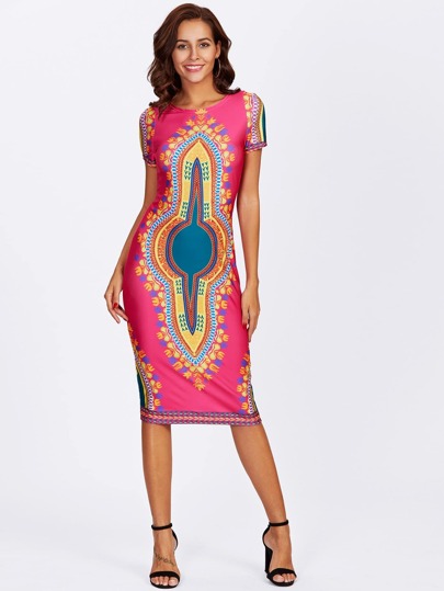Ornate Print Form Fitting Dress