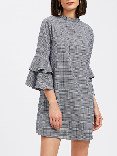 Keyhole Back Layered Bell Sleeve Check Dress