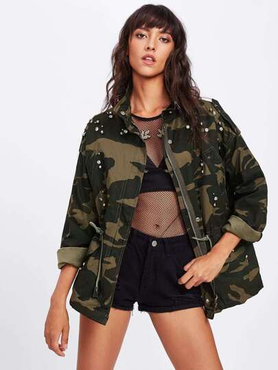 Rhinestone Decoration Drawstring Camo Jacket