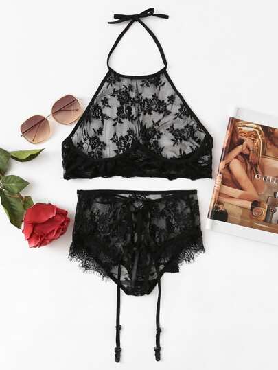 Ensemble de Jarretière ras de cou dentelle floral