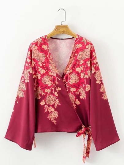 Self Tie Surplice Floral Kimono