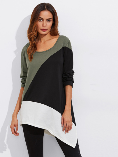 Asymmetric Hem Split Color Block Tee