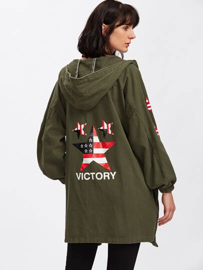 Hooded Star Print Single Breasted Coat