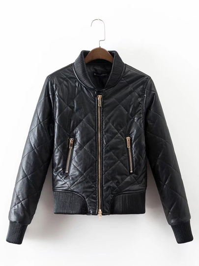 Zipper Up Quilted PU Jacket