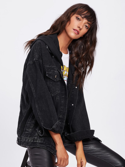 Bleach Wash Drop Shoulder Hooded Denim Jacket