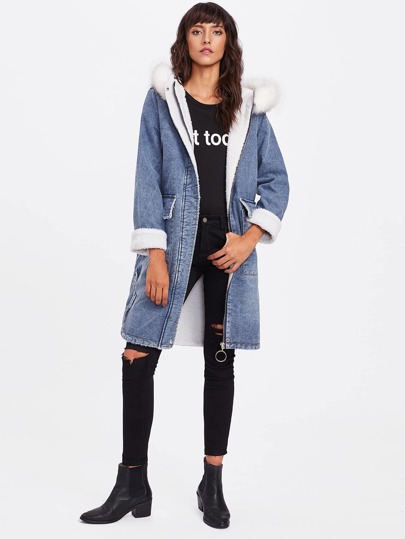 Veste en jeans encapuchonné en peau de mouton