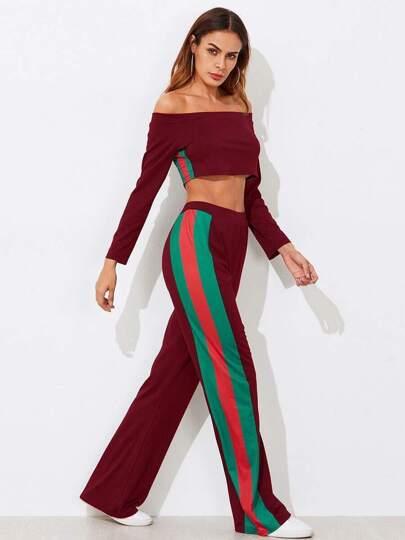 Bardot Crop Tee With Stripe Side Wide Pants