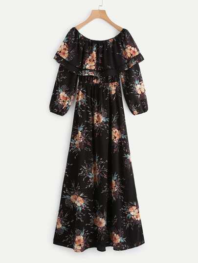 Lantern Sleeve Layered Flounce Bardot Dress