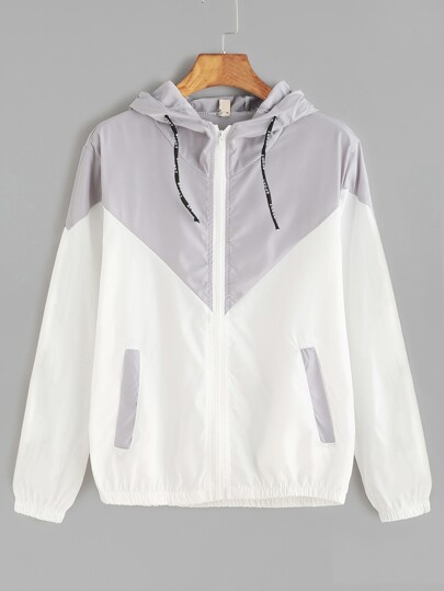 Contrast Zip Up Drawstring Hooded Jacket