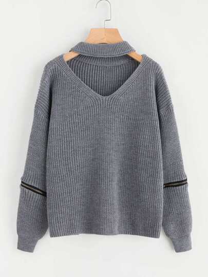 Zipper Detail Sleeve V Cut Choker Neck Jumper