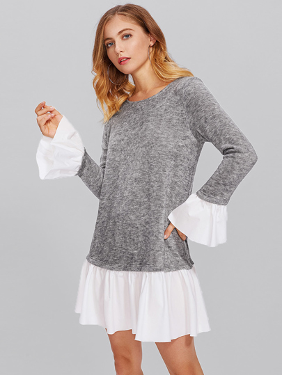 Contrast Ruffle Cuff And Hem Heather Knit Dress