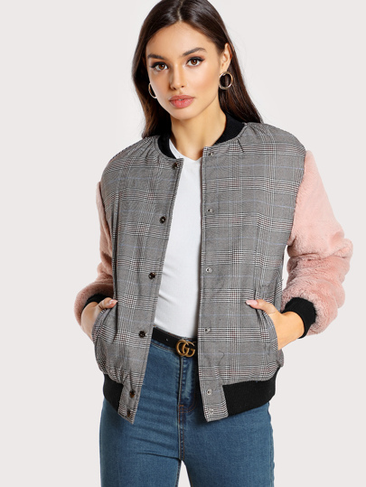 Fuzzy Sleeve Drop Shoulder Mixed Media Jacket