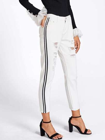 Contrast Stripe Side Ripped Jeans