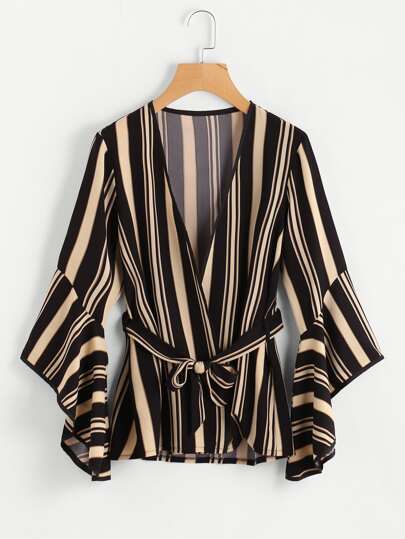 Bell Sleeve Tie Waist Pinstripe Kimono