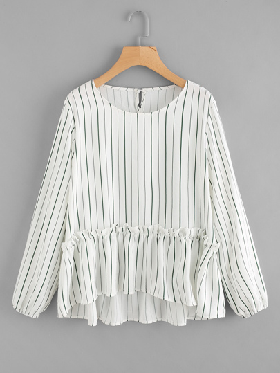 Vertical Striped Frill Hem Babydoll Blouse