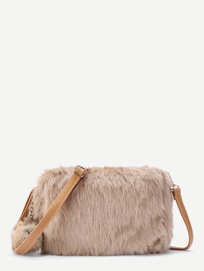 Schultertasche mit Kunstplez und Pompons