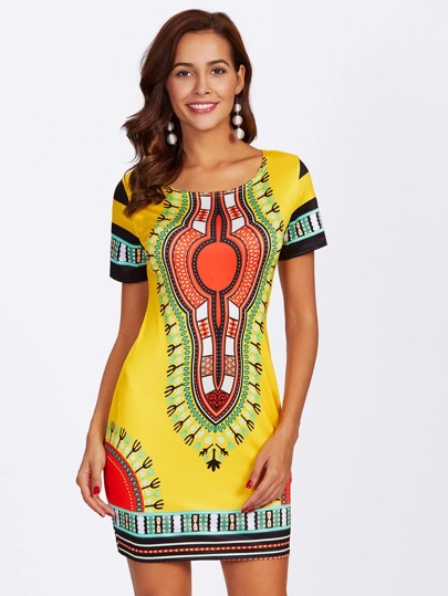 Ornate Print Fitted Dress