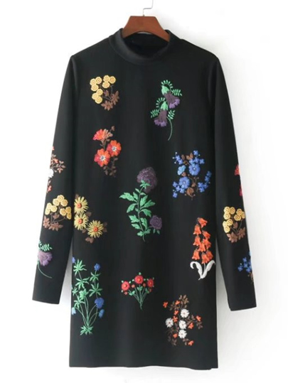 Flower Embroidery Mock Neck Dress