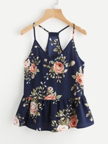 Rose Cluster Print Peplum Racerback Cami Top