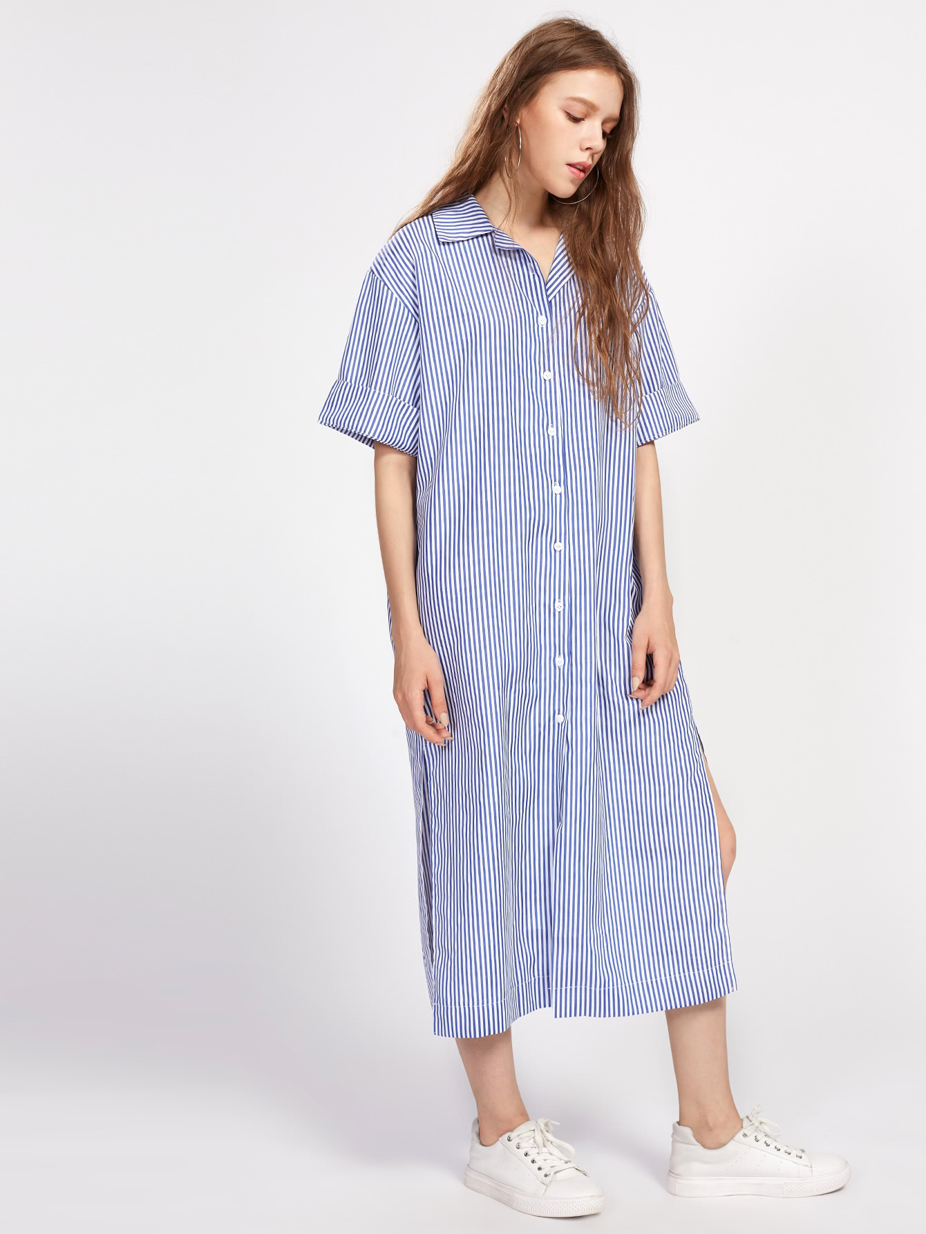 все цены на Vertical Striped Revere Collar Slit Side Shirt Dress онлайн