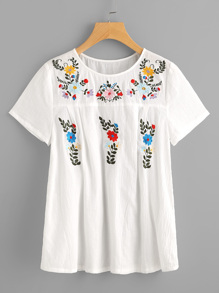 Flower Embroidered Fold Pleat Back Crinkle Top