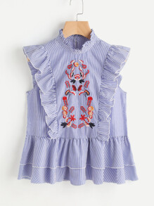 Symmetric Embroidery Frill Trim Blouse