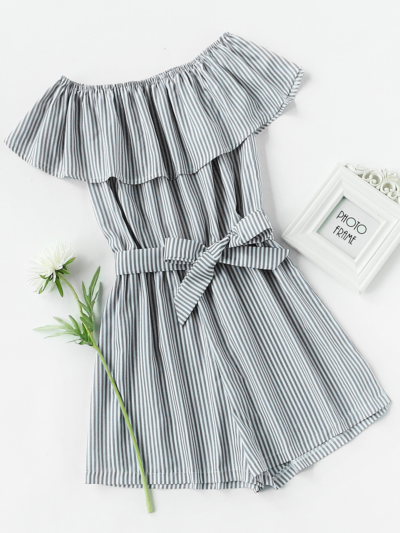 Frill Layered Self Tie Vertical Striped Romper