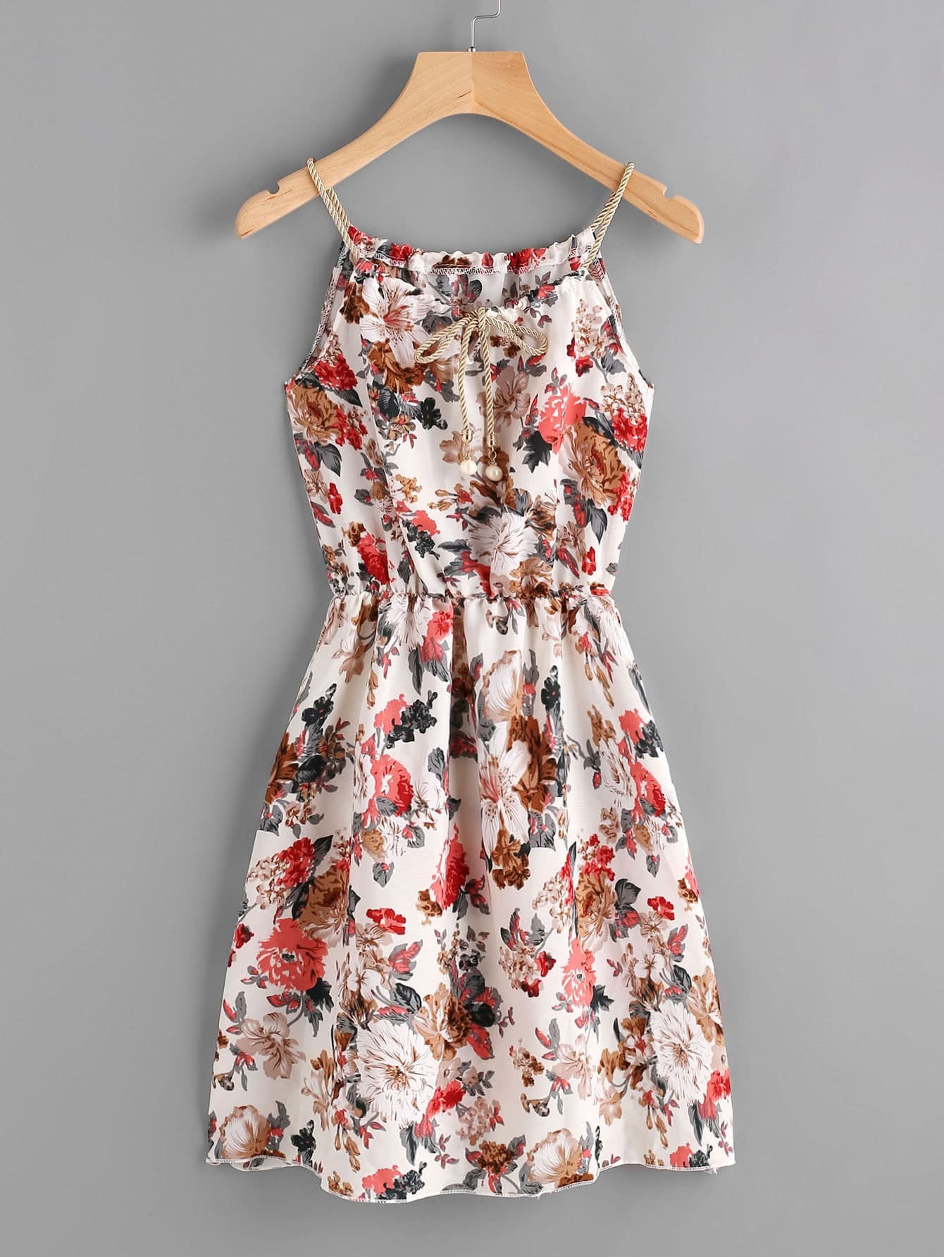 Braided Bead Strap Self Tie Calico Print Dress SheIn(Sheinside)
