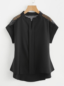 Hollow Out Lace Panel Dip Hem Blouse