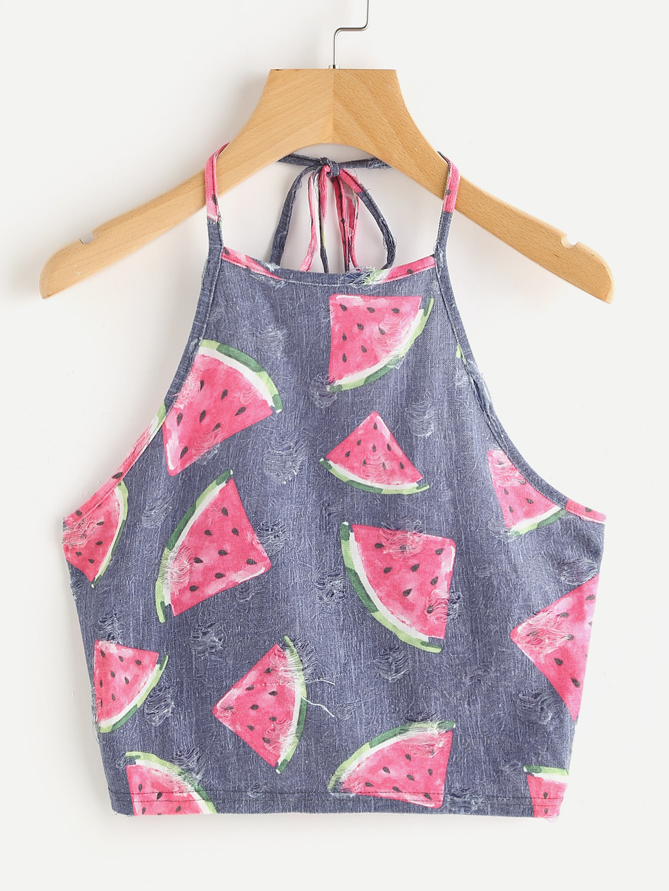 Watermelon Print Frayed Dot Detail Halter Top