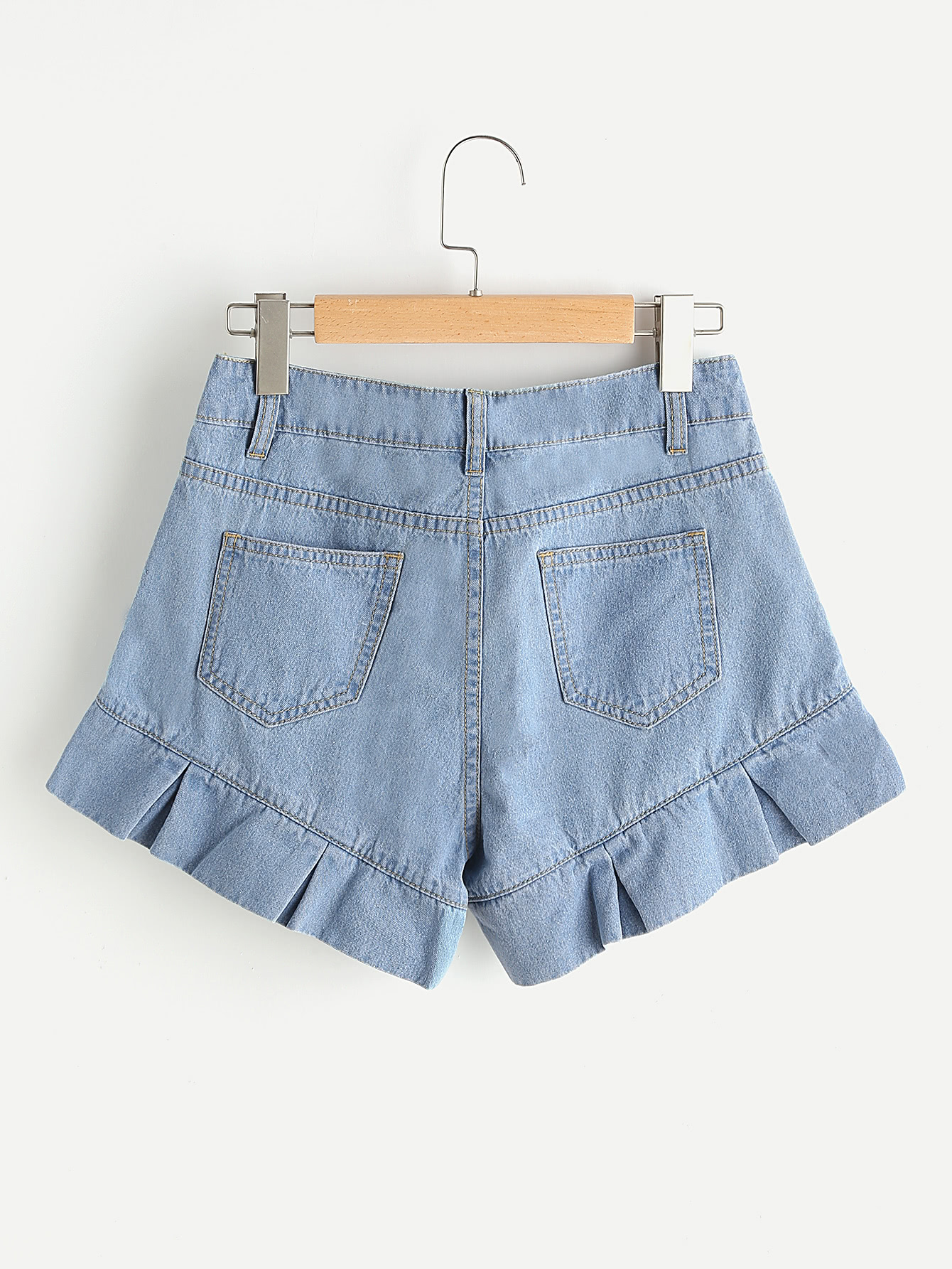 Pleated Ruffle Trim Denim Shorts -SheIn(Sheinside)