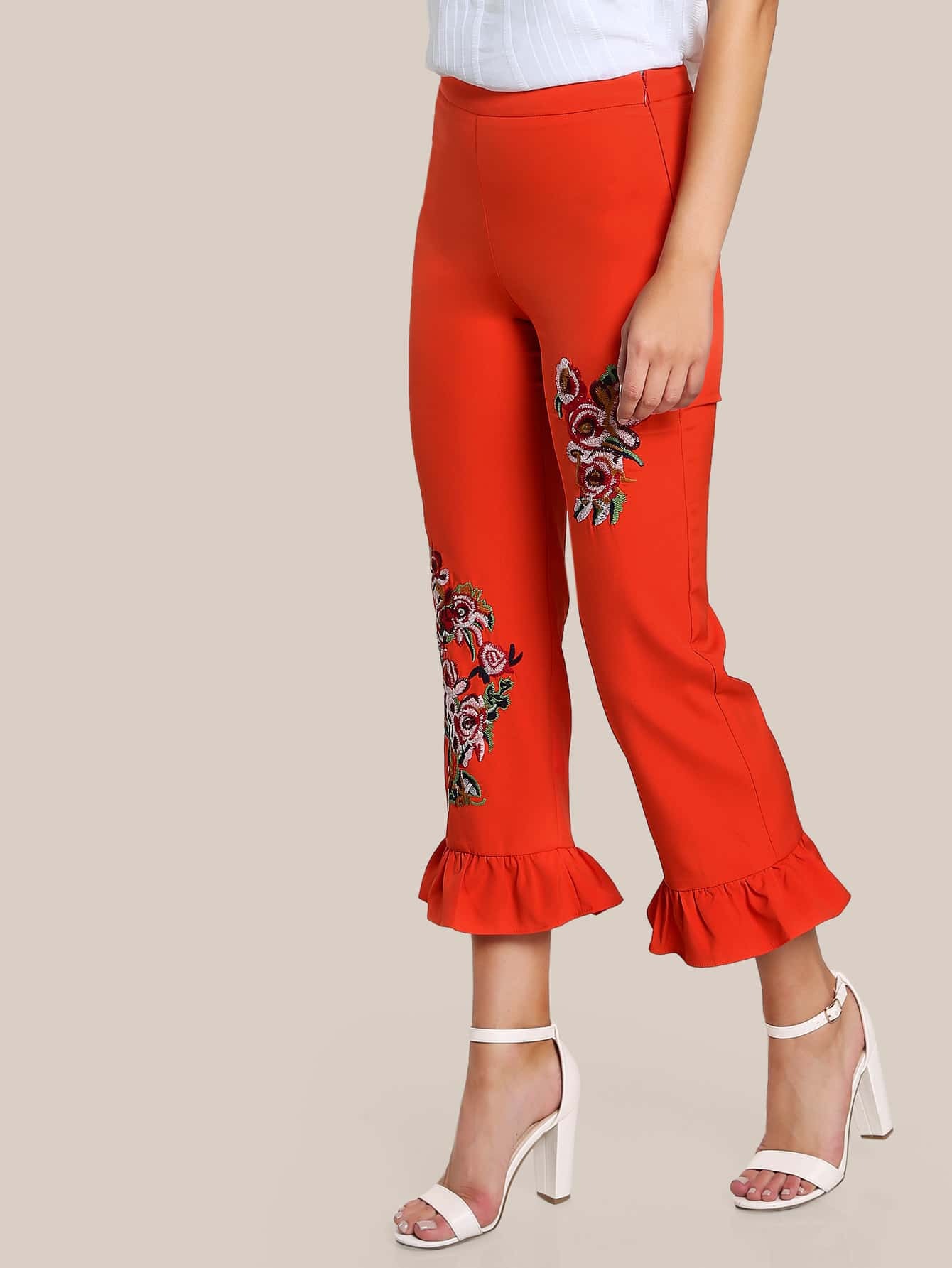 Embroidered Flare Leg Pants RED SheIn(Sheinside)