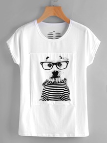 Dog Print Ripped Back Dolman Sleeve Tee