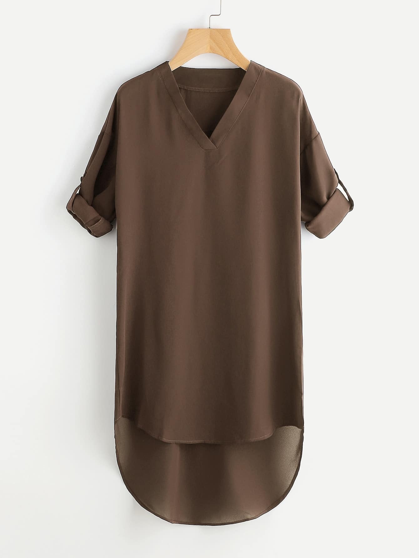 Drop Shoulder Roll Tab Sleeve Dip Hem Dress SheIn(Sheinside)