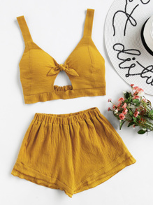 Knotted Keyhole Front Textured Crop Top With Shorts