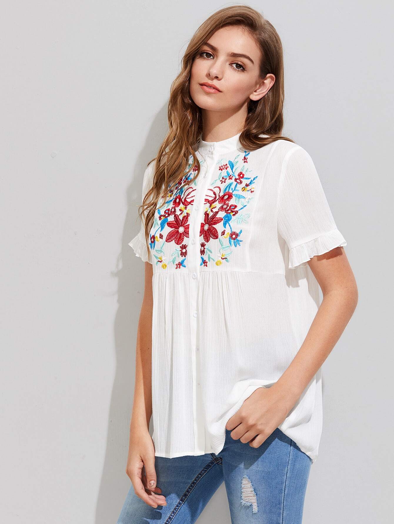 embroidered yoke frilled sleeve crinkle blouse shein embroidered yoke frilled sleeve crinkle blouse shein