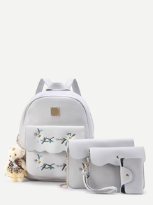 Flower Embroidery And Bear Decorated PU Backpack Set 4pcs