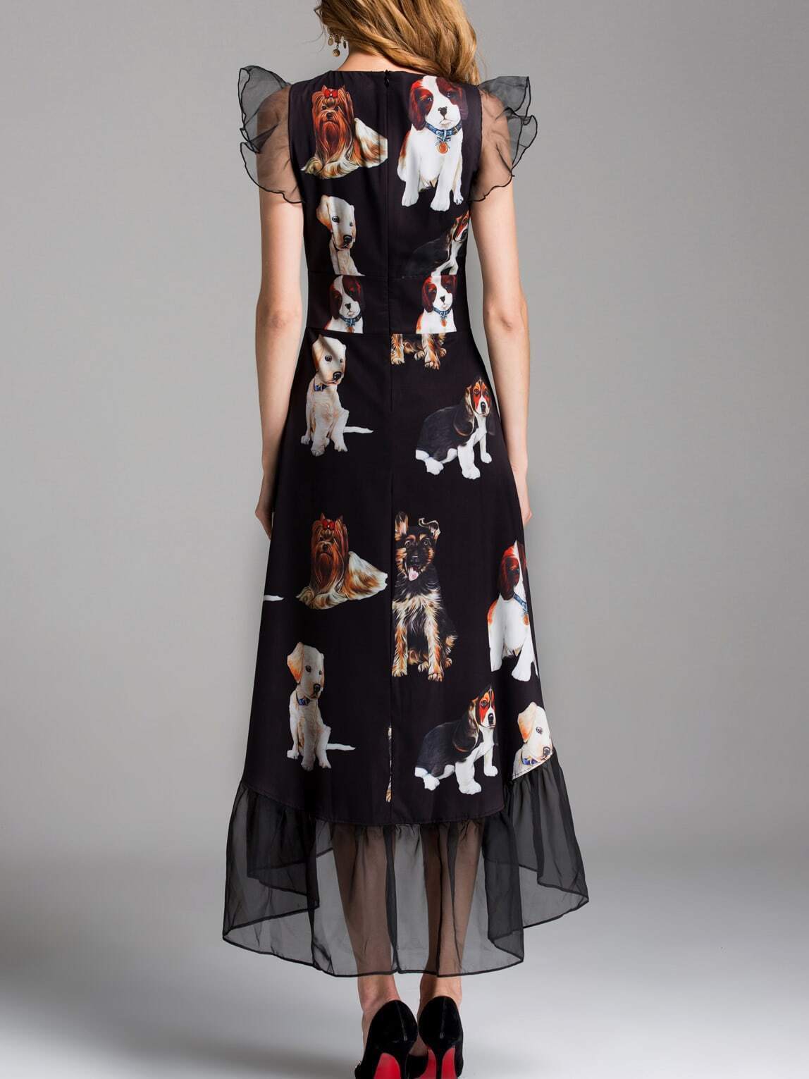 Dogs Print Ruffle Sleeve High Low Dress SheIn(Sheinside)