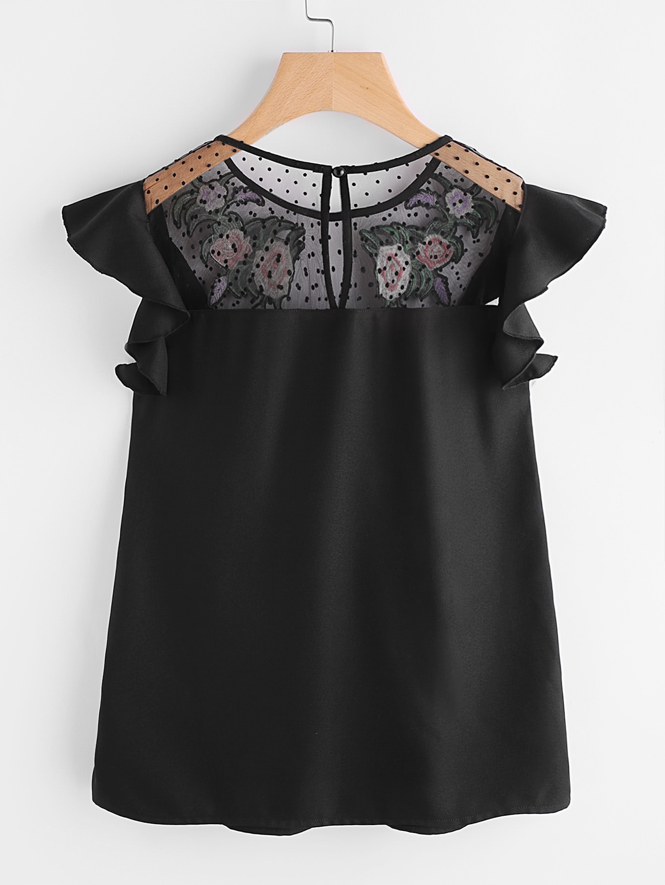 Flower Patched Dot Mesh Yoke Frill Cap Sleeve Top SheIn(Sheinside)