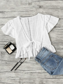 Plunging V-neckline Knot Frill Hem Dip Hem Top