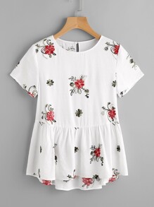 Flower Embroidered Keyhole Back Smock Top