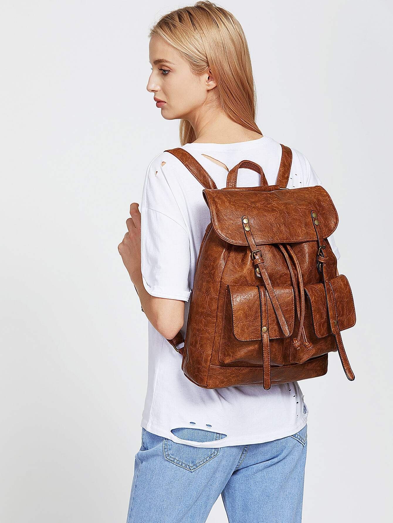 Double Pocket And Buckle Front PU Backpack SheIn(Sheinside)