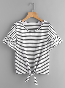 Trumpet Sleeve Knot Front Striped Tee