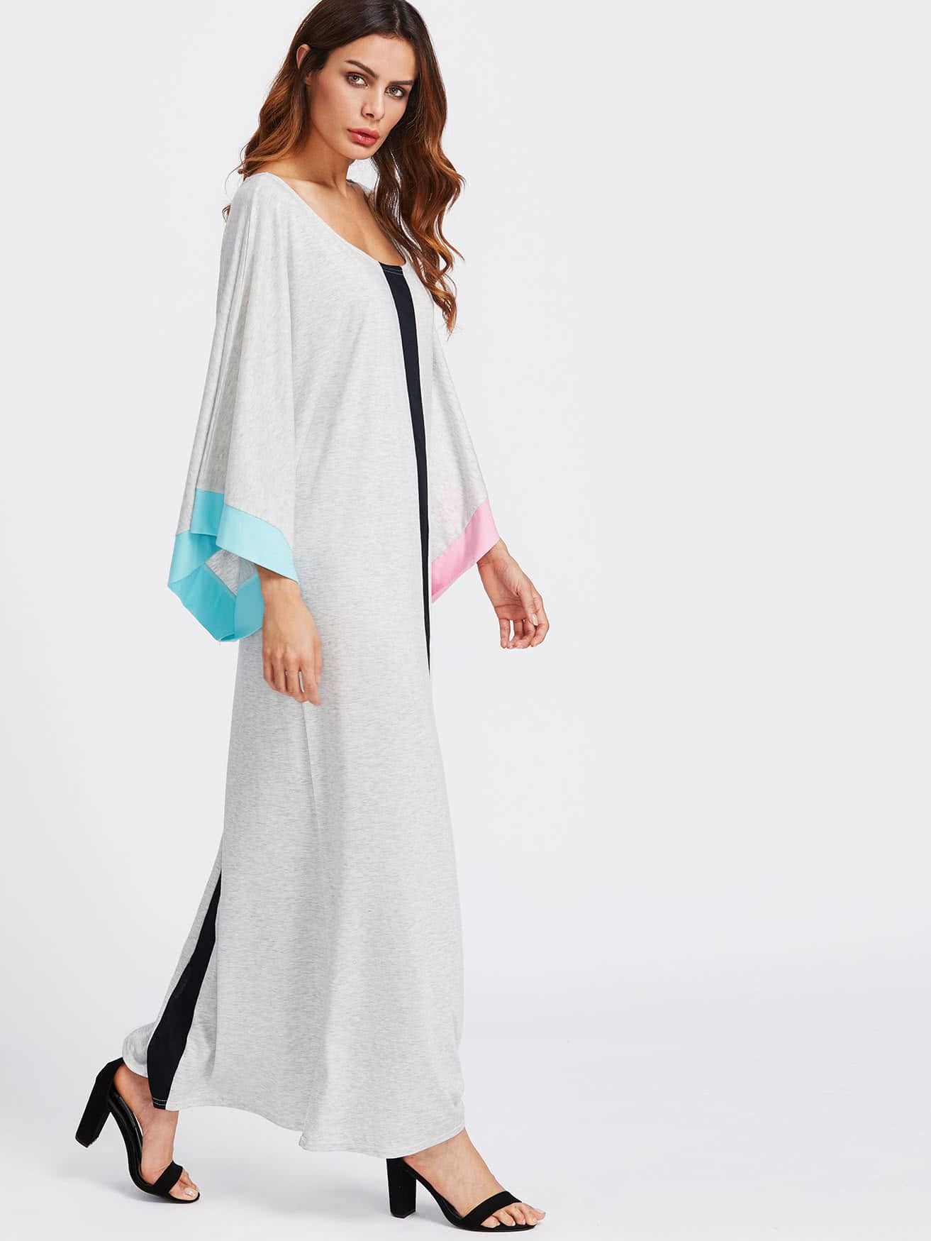 Contrast Panel Kimono Sleeve Full Length Dress