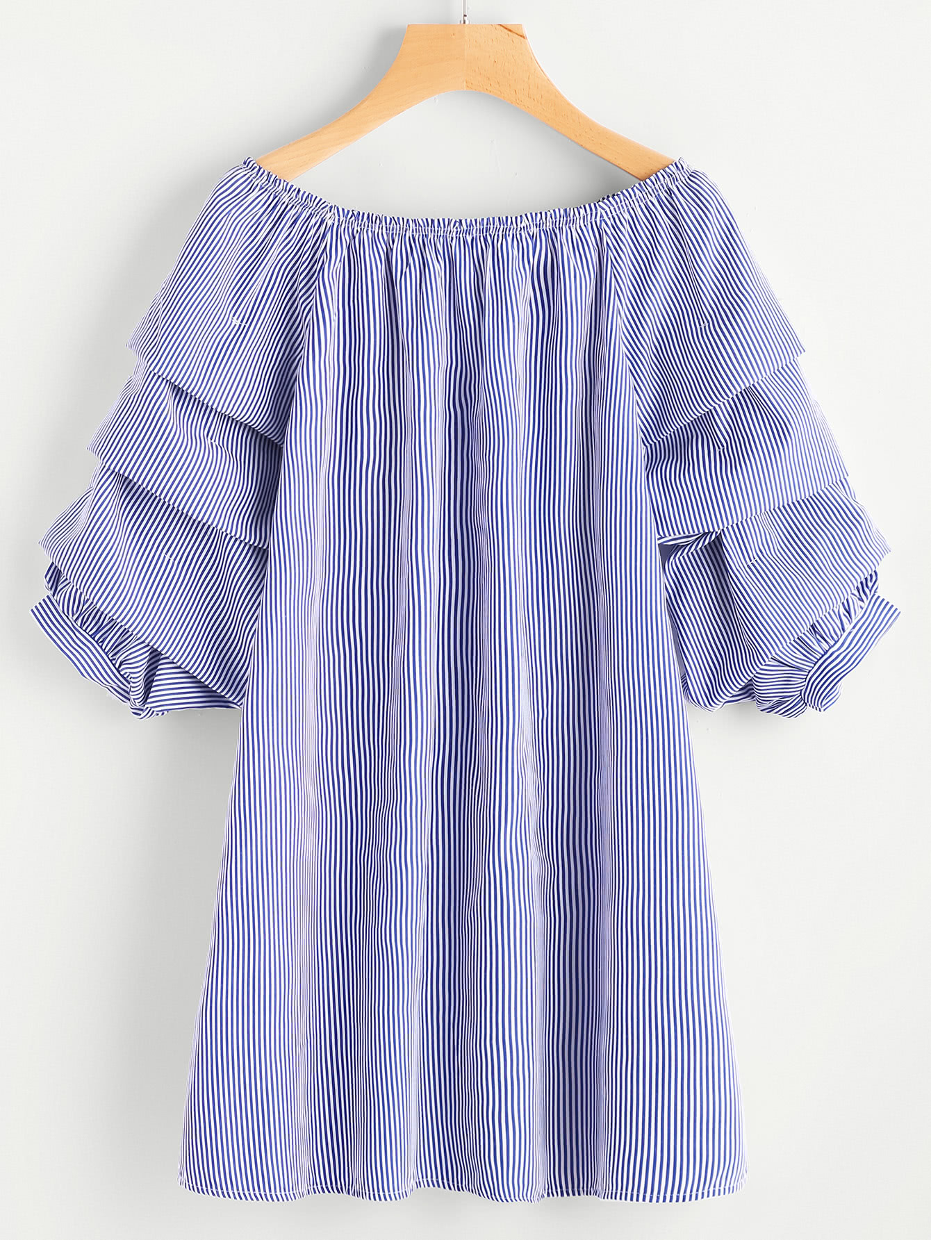 Boat Neckline Ruched Sleeve Vertical Striped Dress