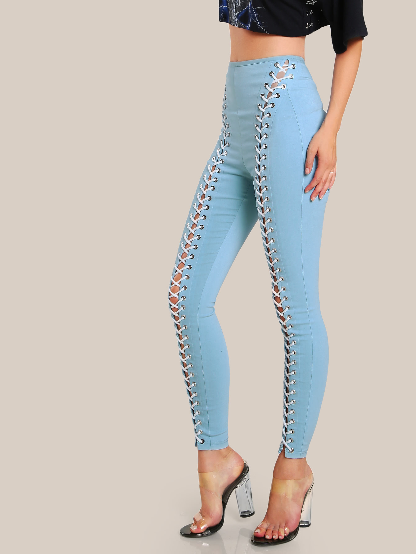 Lace Up Grommet Pants SheIn(Sheinside)