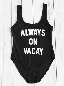 Contrast Slogan Scoop Neck Swimsuit
