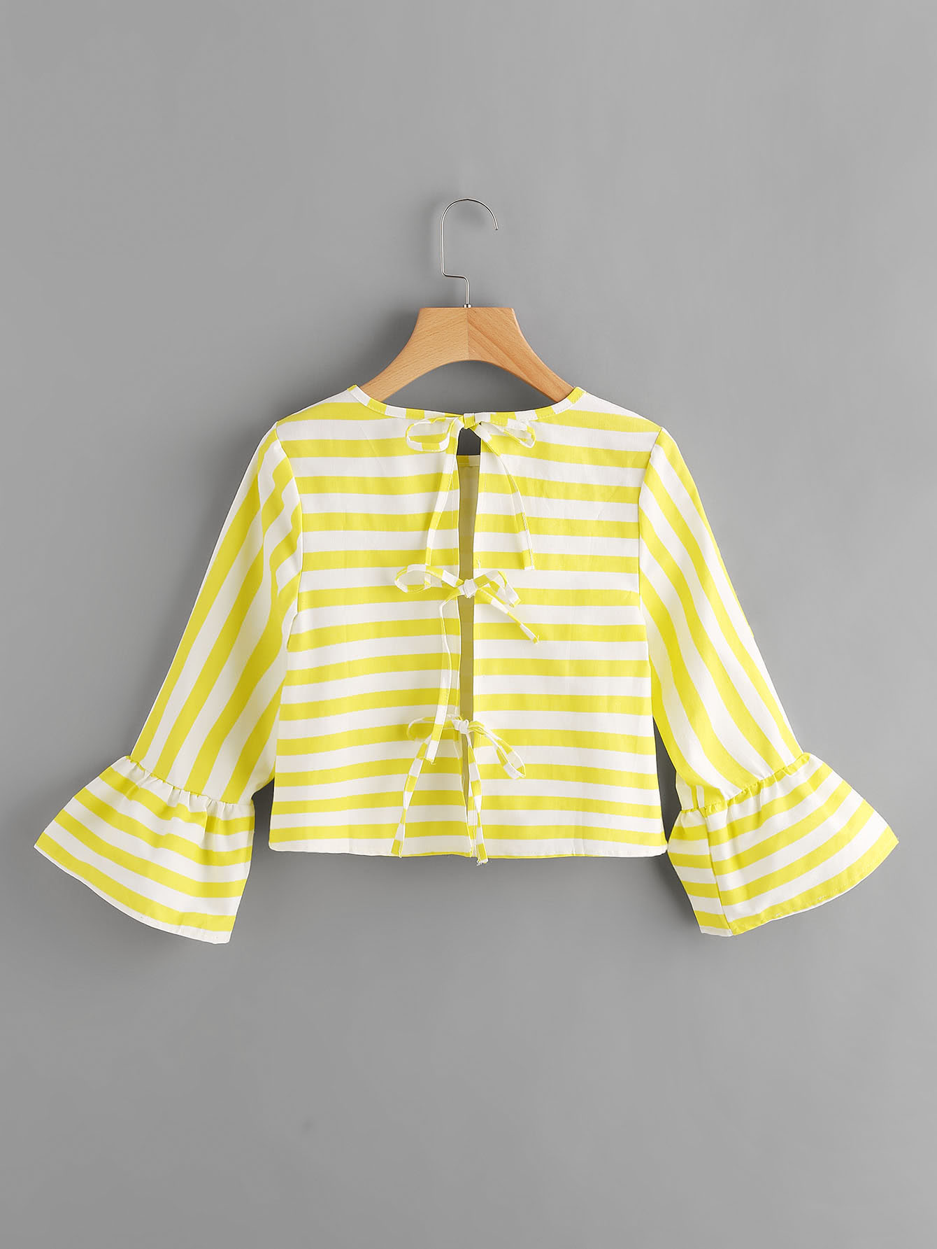Contrast Striped Flute Sleeve Split Back Tie Detail Blouse