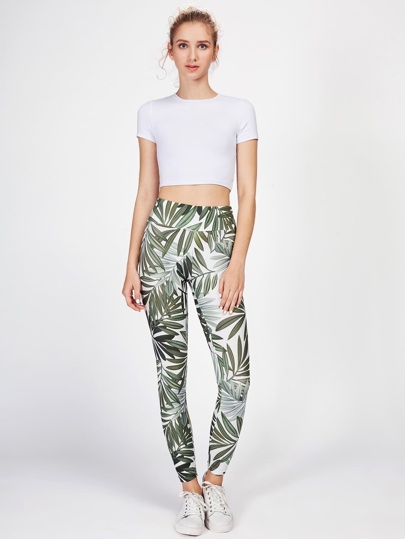 Leaf Print Wide Waistband Leggings SheIn(Sheinside)